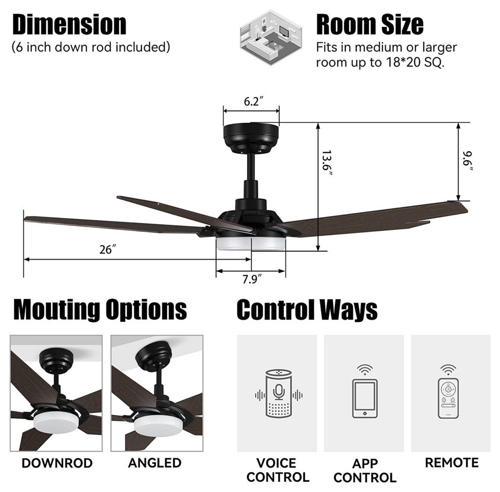 CARRO Smart Voice Control Ceiling Fan with Dimmable LED Light and Remote, Walnut, 52" Downrod