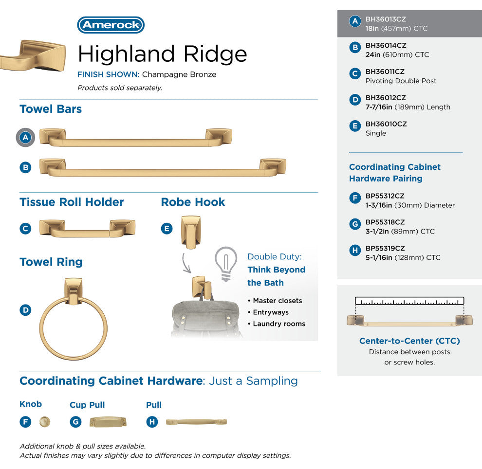 Amerock Highland Ridge Transitional Towel Bar, Champagne Bronze, 18" Center-to-C