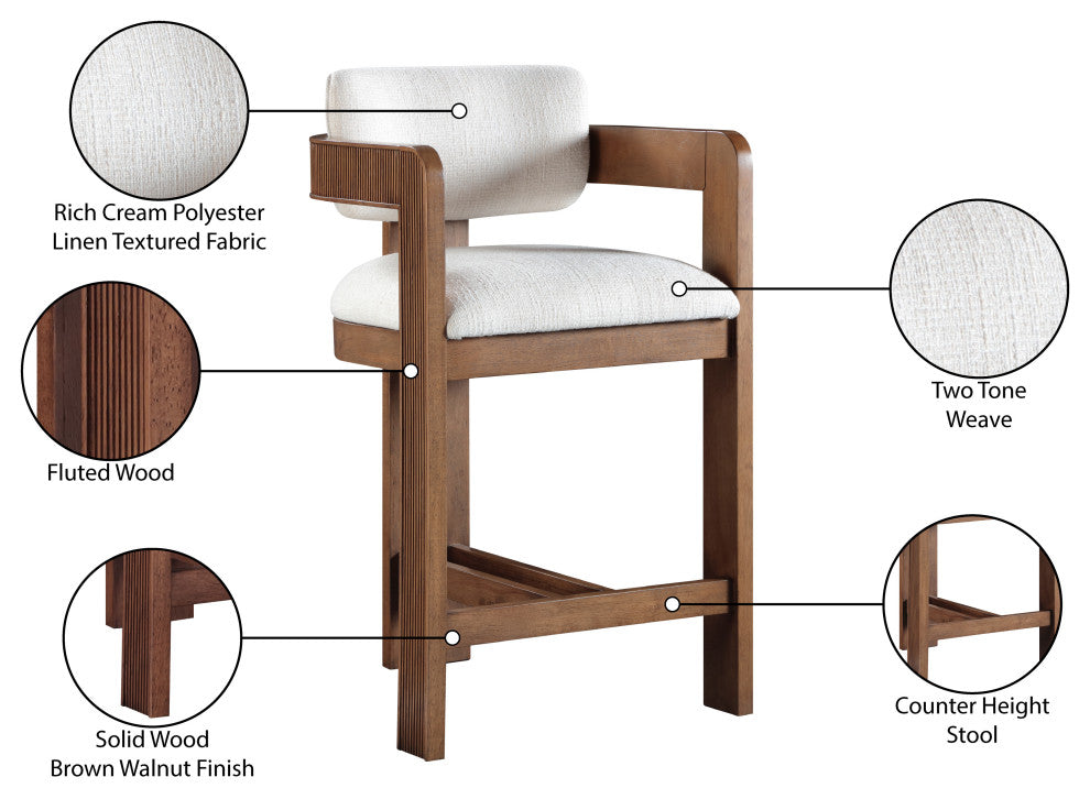 Sacha Upholstered Bar and Counter Stool, Cream, Linen Textured Fabric, Brown
