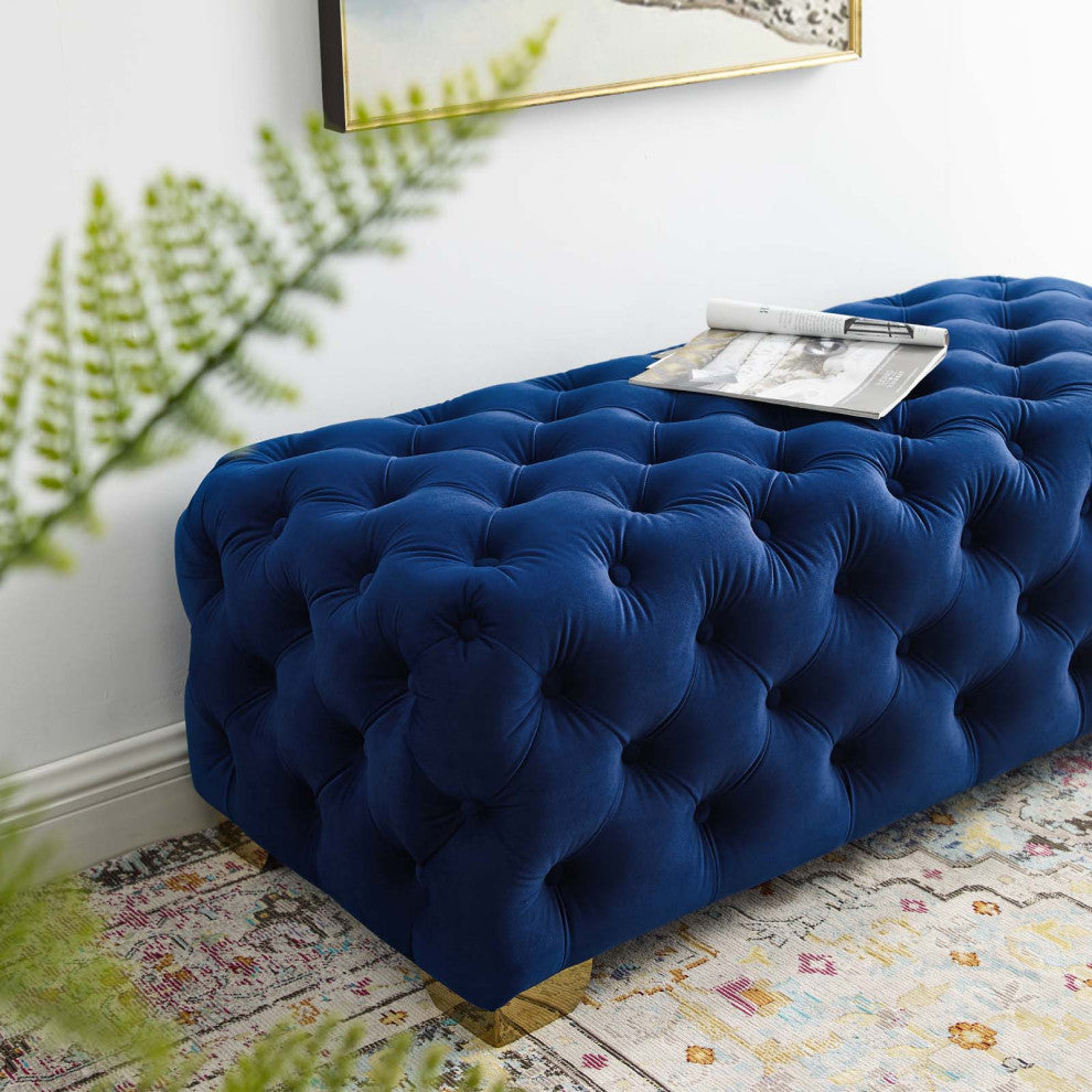 Modern Lounge Accent Chair Bench, Velvet Fabric Metal Steel, Navy Blue