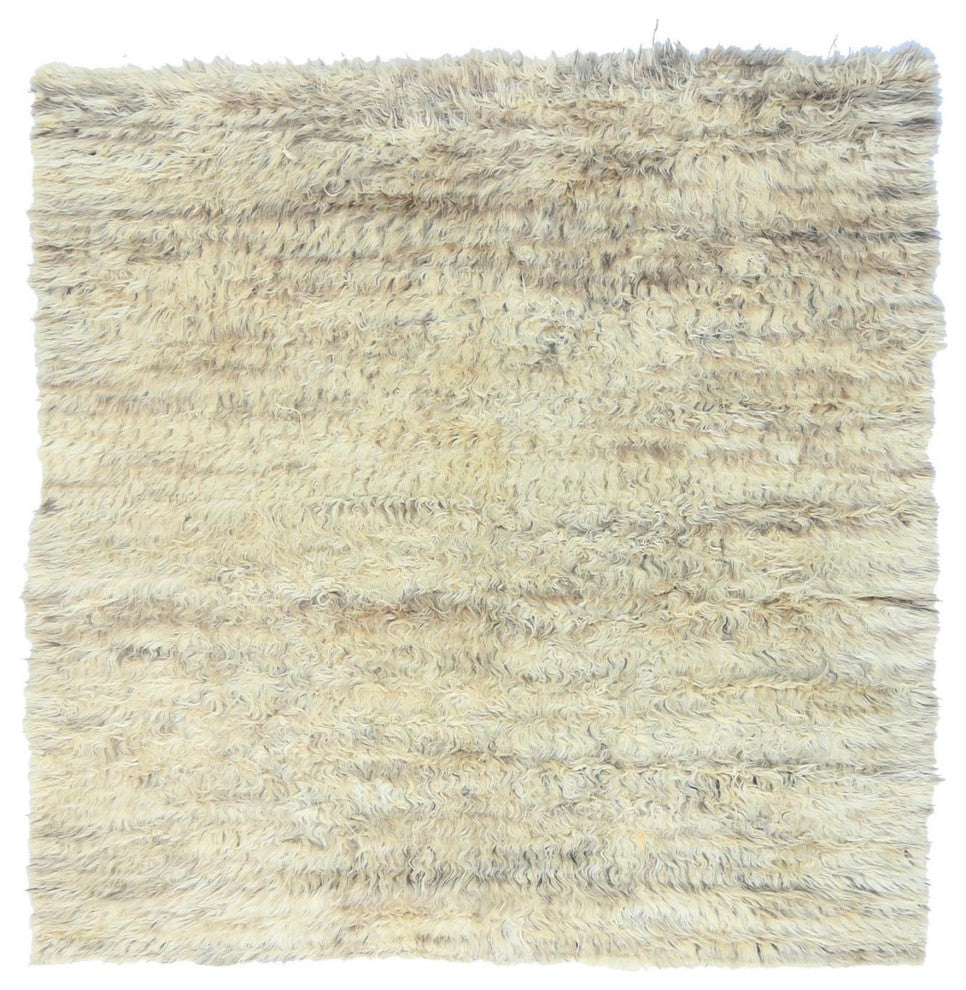 Ivory, Moroccan Berber, Organic Wool, Hand Knotted, Square Rug, 6'x6'1"