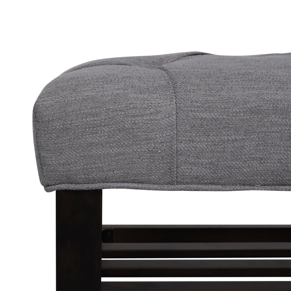 Pelon Contemporary Button Tufted Bench With Shelf, Gray/Dark Walnut