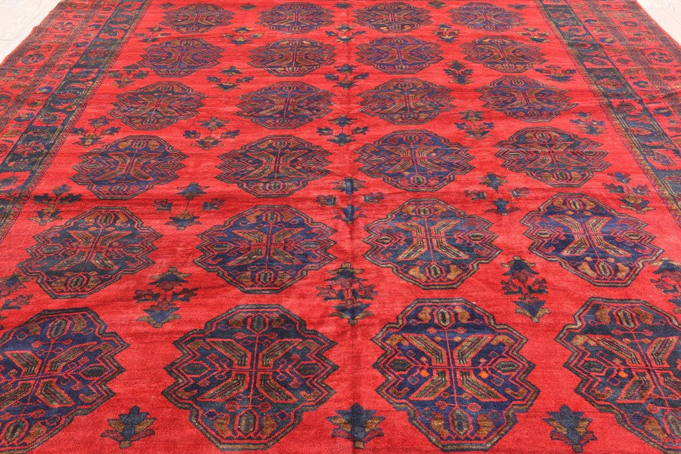 Red Afghan Bokhara Hand-Knotted Oriental Wool Rug, 11'x12'