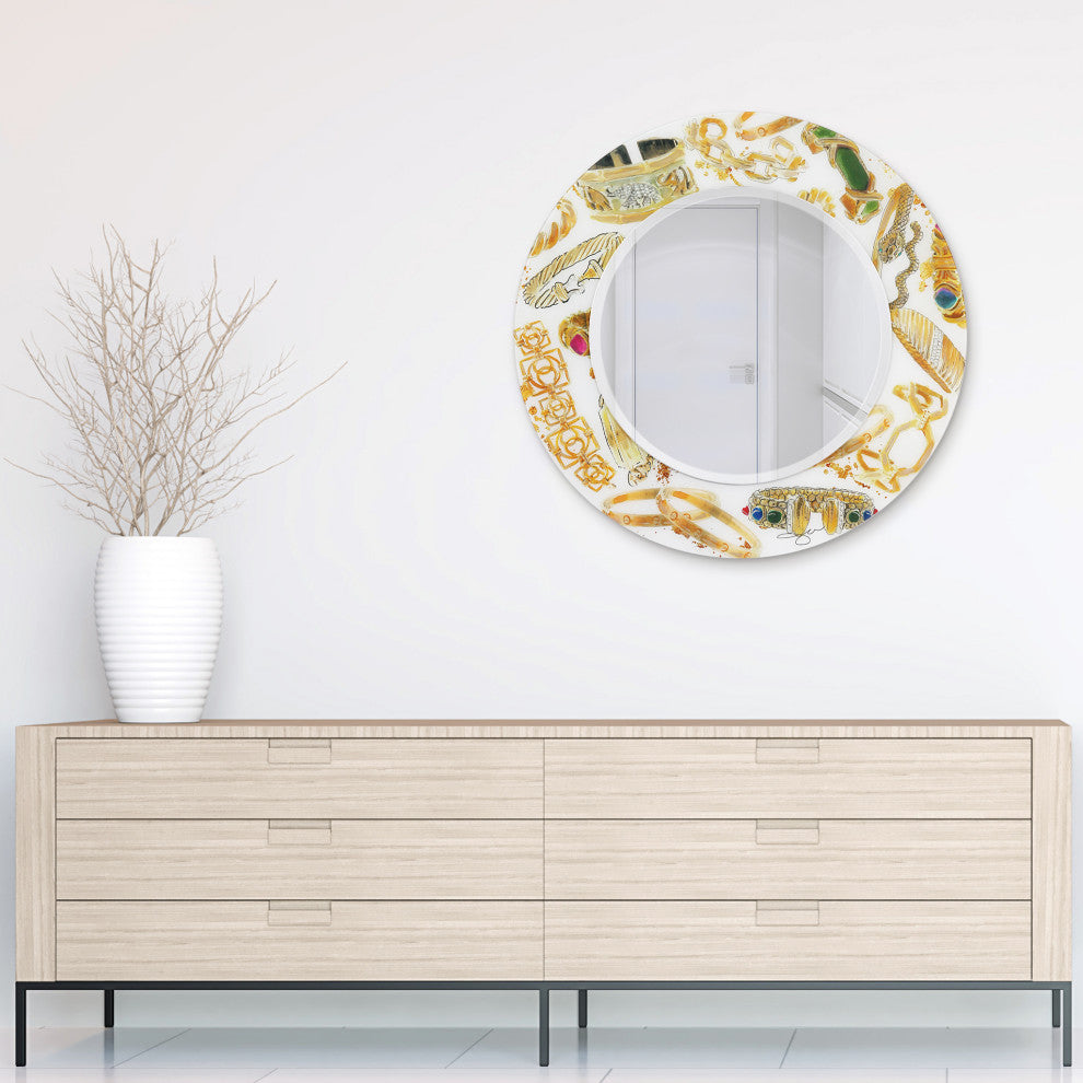 "Gold Charm" Round Beveled Wall Mirror on Floating Printed Tempered Art Glass