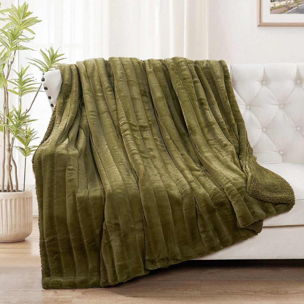 Super Mink Faux Fur Throw Blanket, Olive, 118" X 95"