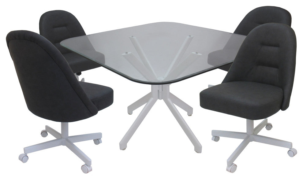 M-235 Dinette Swivel Metal Caster Chairs - Clear Glass, Grey Vinyl - White, Clea