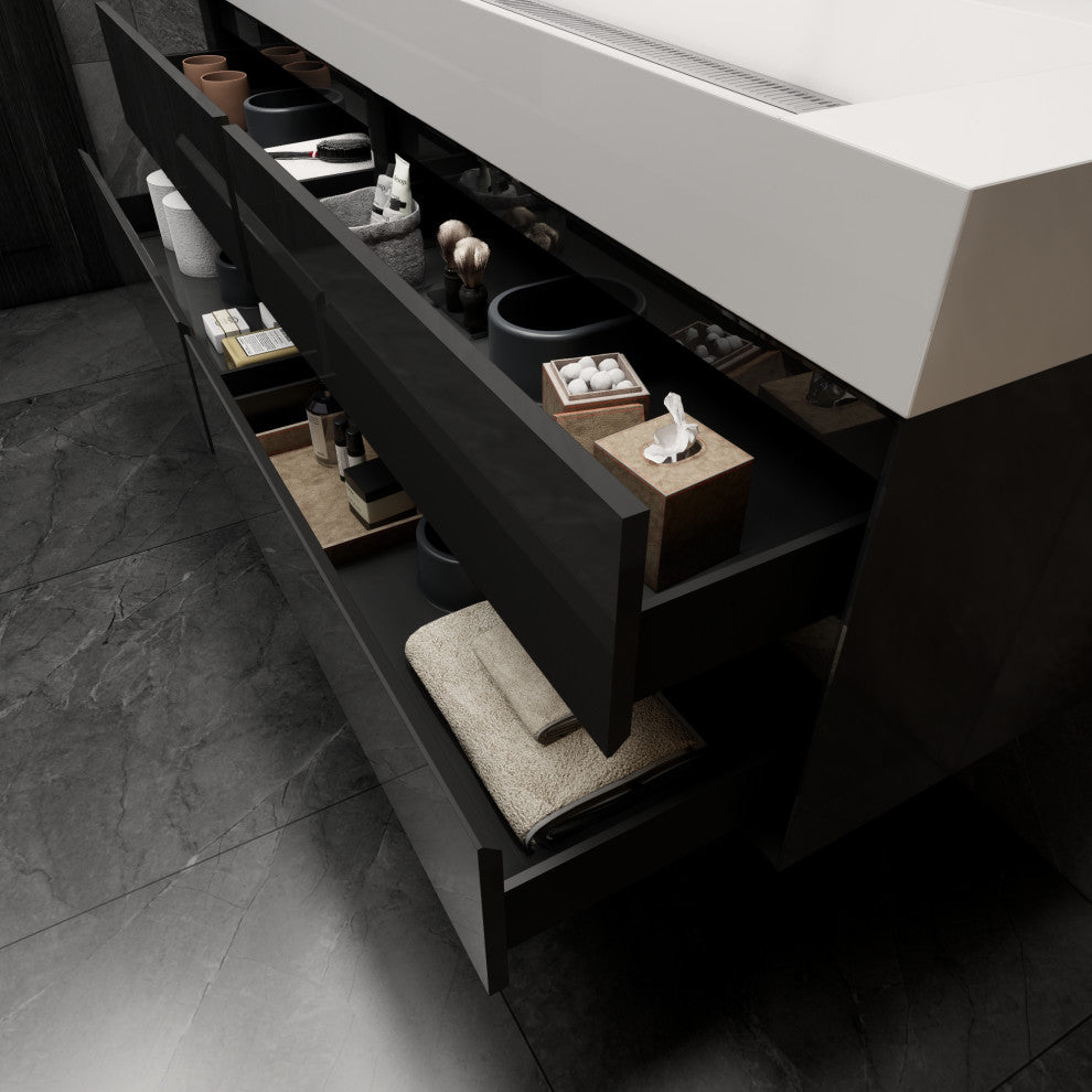 MAX 72" Double Floating Bath Vanity With Acrylic Sink, Gloss Black