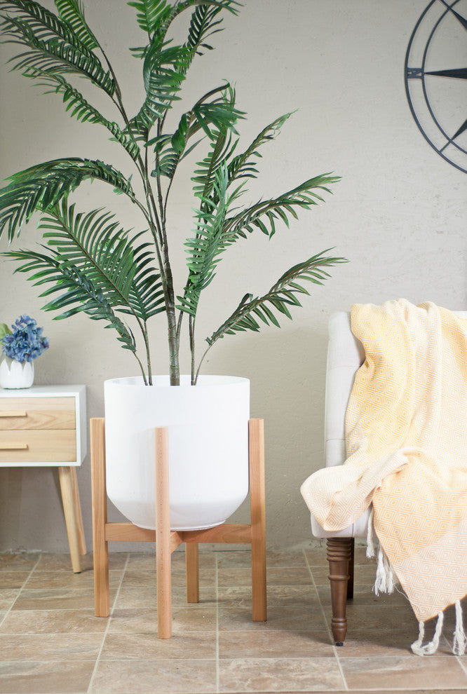 XX Large Fiber Clay Pot 16'' White With Wood Plant Stand Set Natural Color