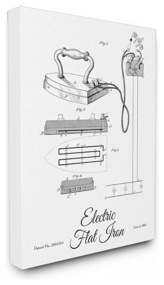 Vintage Electric Iron Patent Drawing, Canvas, 16"x20"