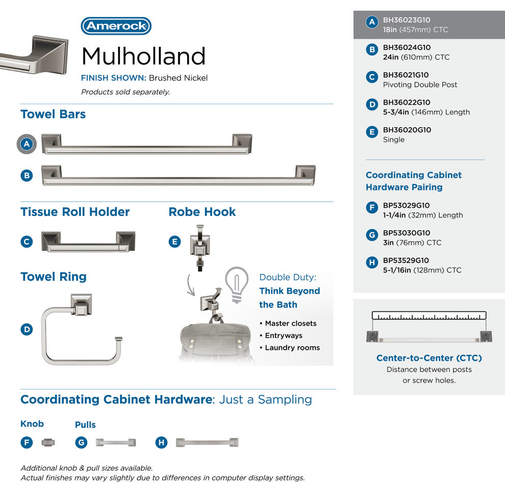 Amerock Mulholland Traditional Towel Bar, Brushed Nickel, 18" Center-to-Center