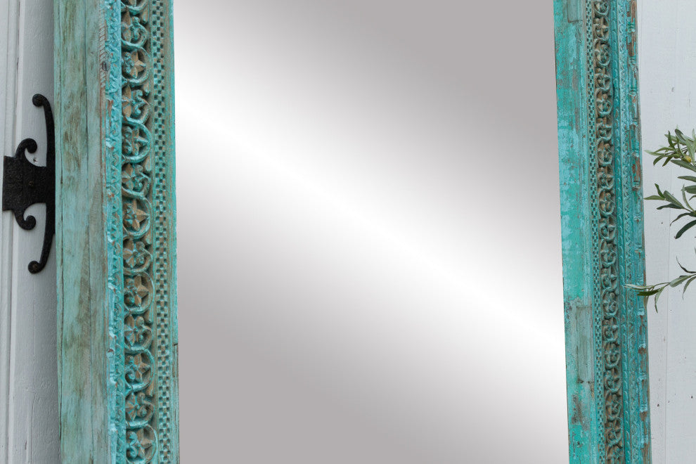 19th Century Indo-French Aqua Carved Floor Mirror