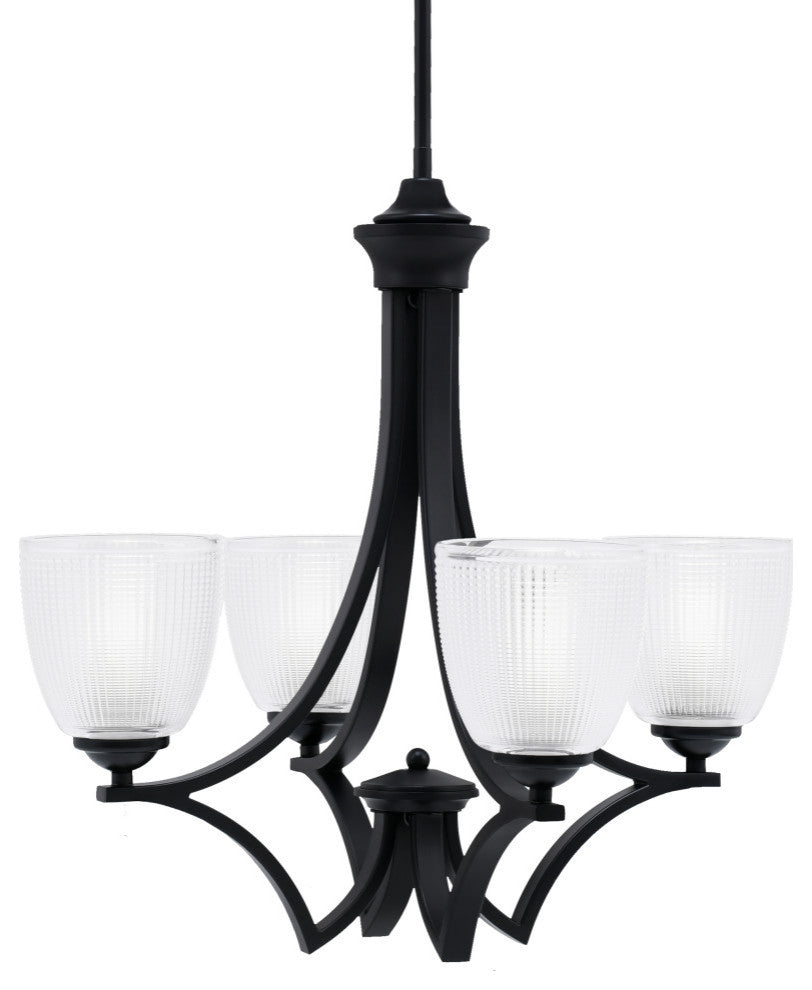 Zilo Uplight, 4 Light, Chandelier, Matte Black Finish With 5" Clear Ribbed Glass