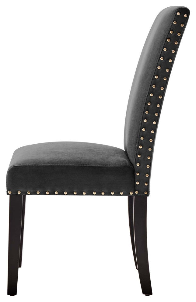 Side Dining Chair, Set of 2, Velvet, Wood, Dark Gray, Modern, Cafe Bistro