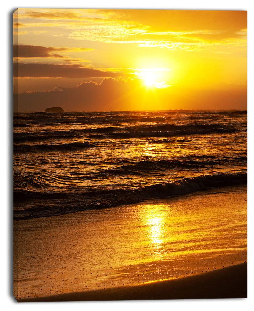 Bright Yellow Sunset over Dark Sea, Beach Photo Canvas Print, 12"x20"