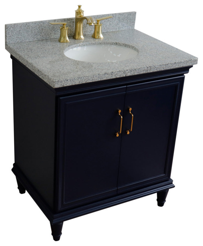 31" Single Vanity, Blue Finish With Gray Granite And Oval Sink
