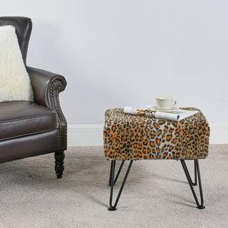 Leopard Faux Fur Ottoman, 19''x13''x17''