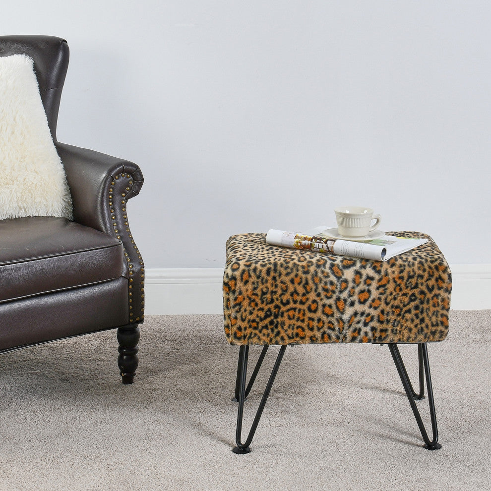 Leopard Faux Fur Ottoman, 19''x13''x17''