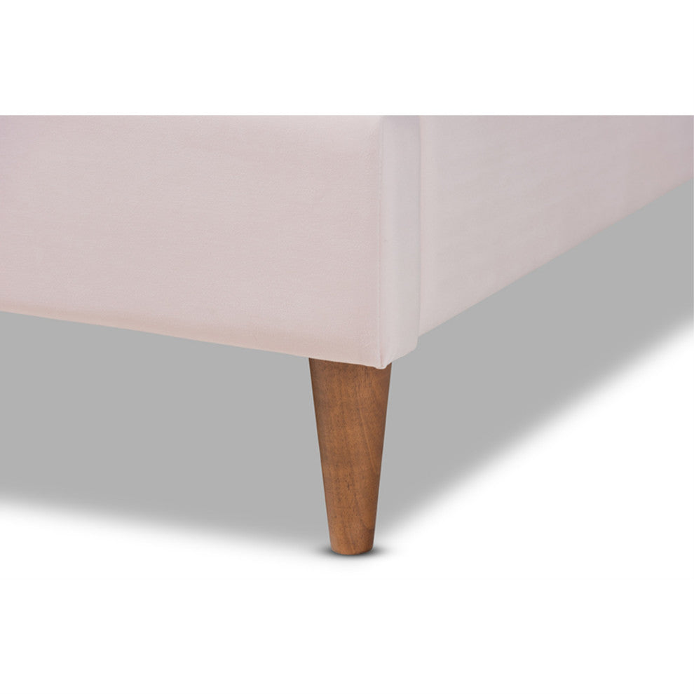 Light Pink Velvet Upholstered Walnut Brown Wood Queen Size Seashell Sh