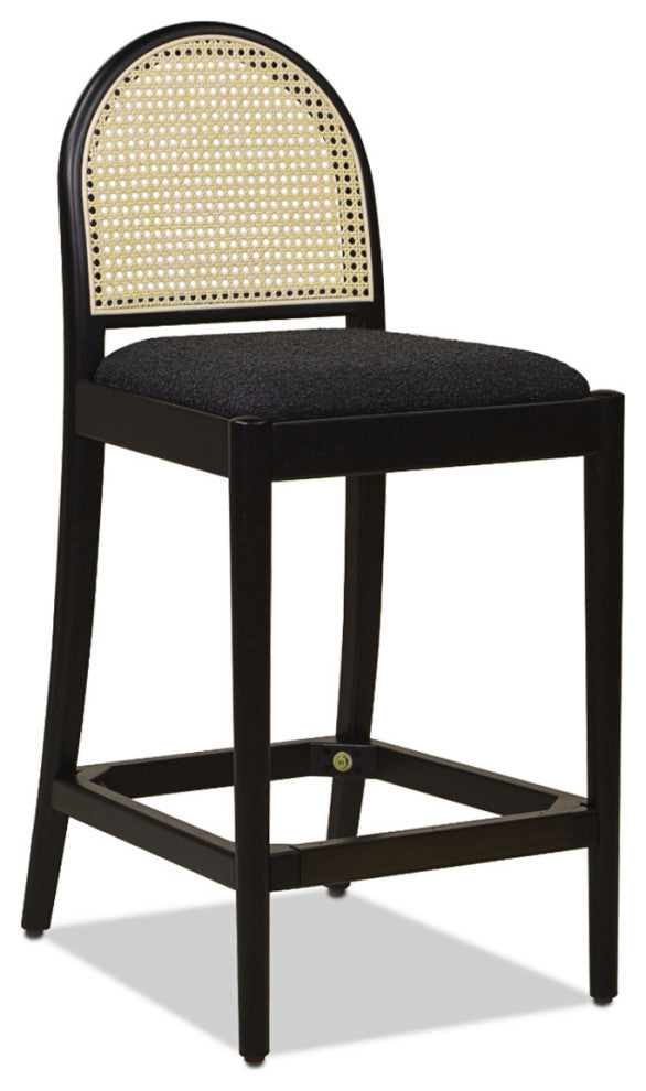 Panama Curved Back Cane Rattan Stool, Set of 2, Ebony Black Boucle, 26.5" Counter Height