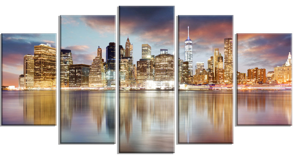 "New York Skyline at Sunrise With Reflection" Art, 60"x32", 5-Panels