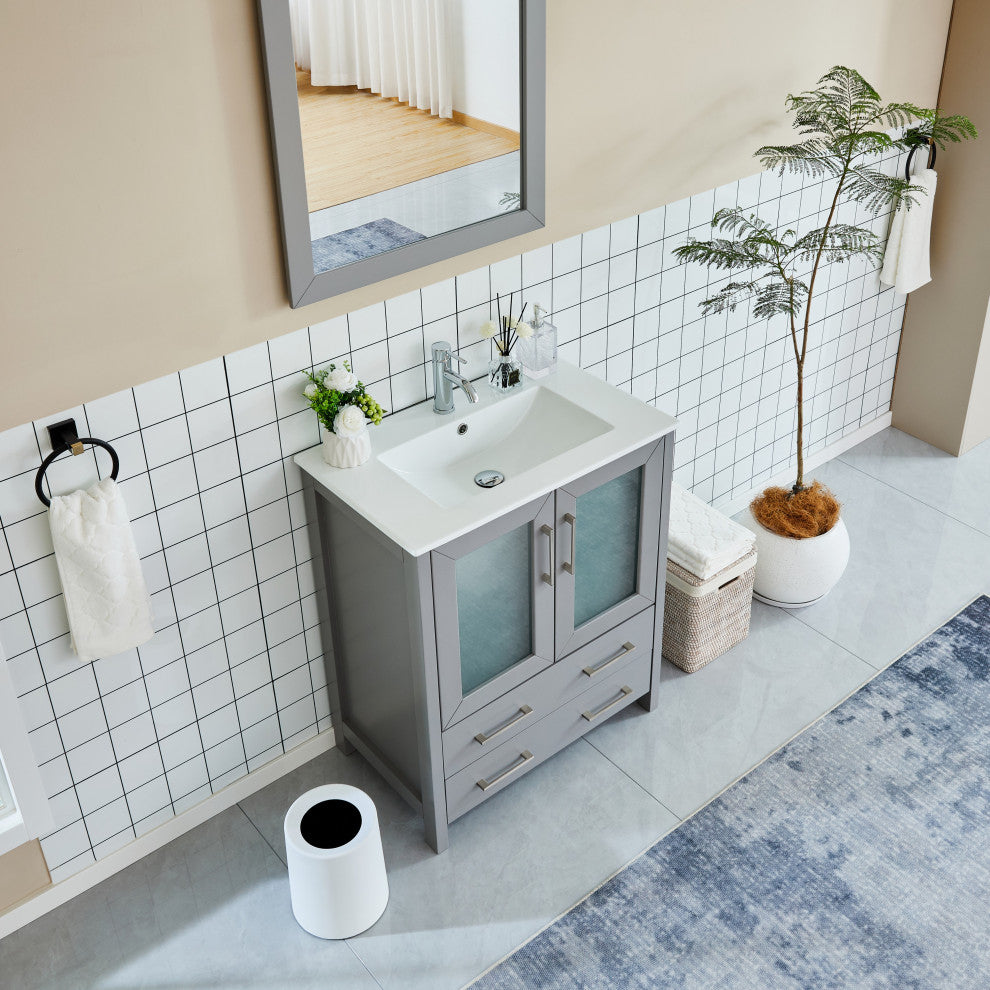 Vanity Art Single Vanity Set With Ceramic Top, 30", Gray, Led Touch-Switch Mirror