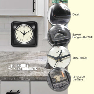Square Retro Wall Clock, 9.25", Black