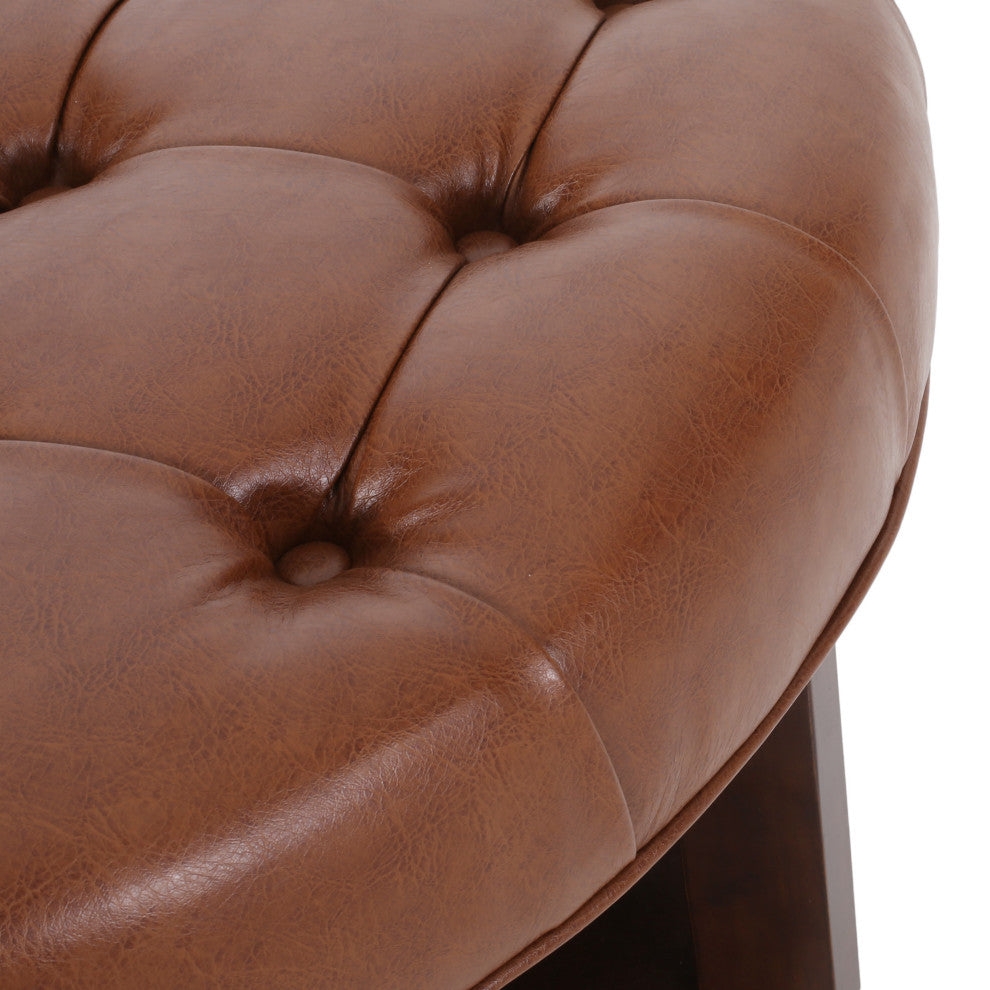 Baynes Faux Leather Tufted Wood Round Ottoman, Open Shelf, Cognac + Espresso