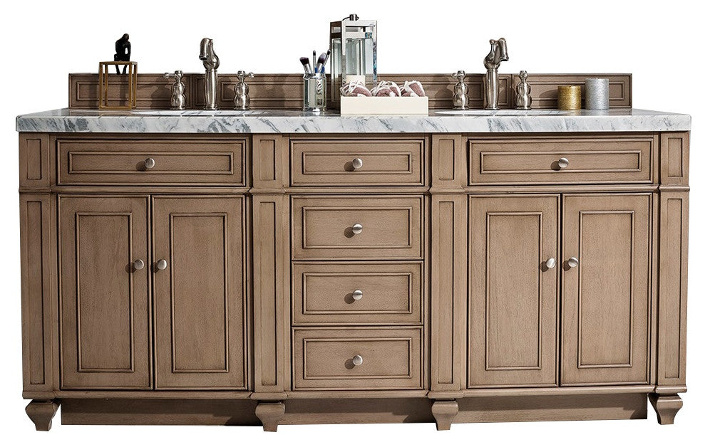 Bristol 72" Double Vanity Bright White, Whitewashed Walnut, Carrara Marble, Three-Hole