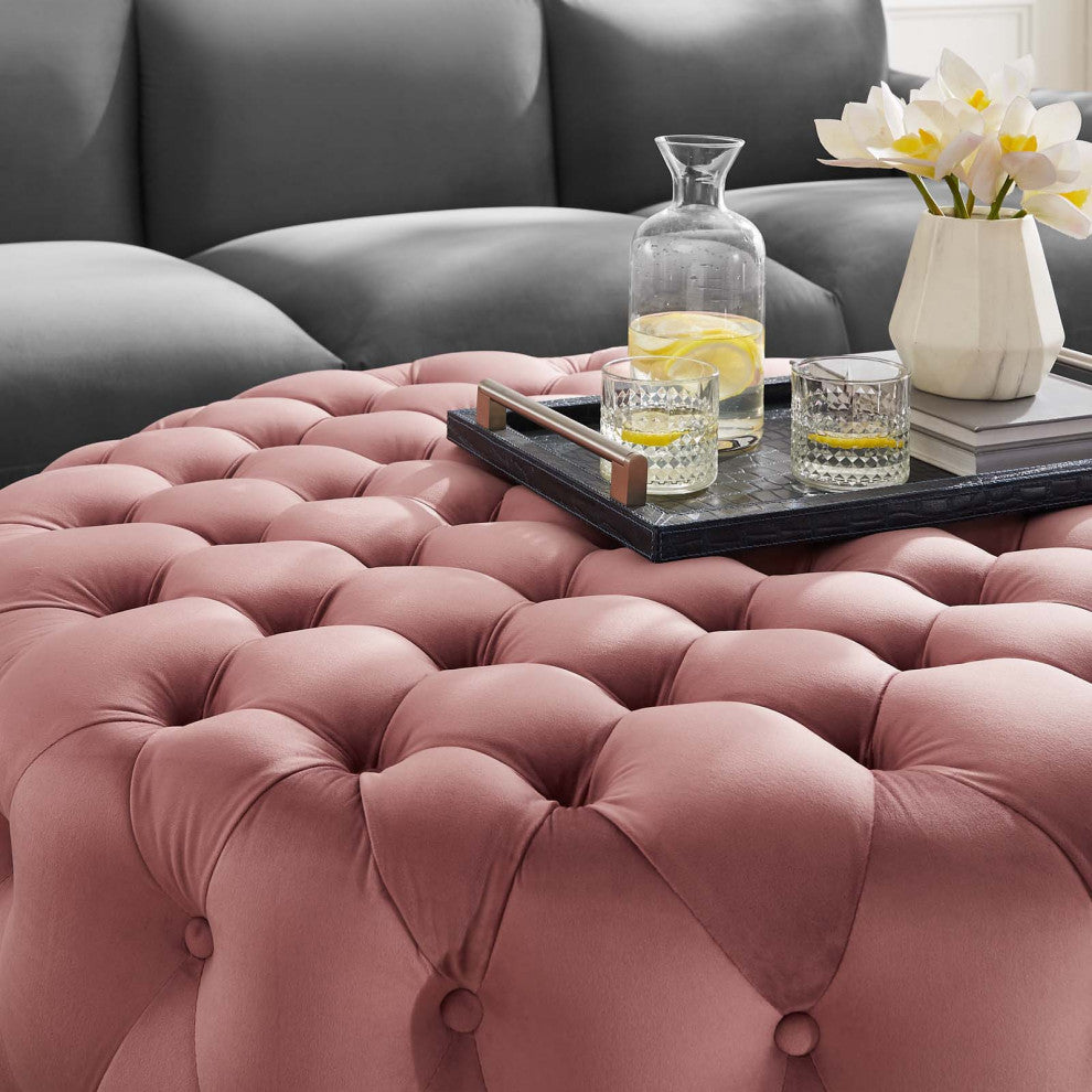 Round Ottoman Accent Tufted Chair, Pink, Velvet, Modern, Lounge Hospitality