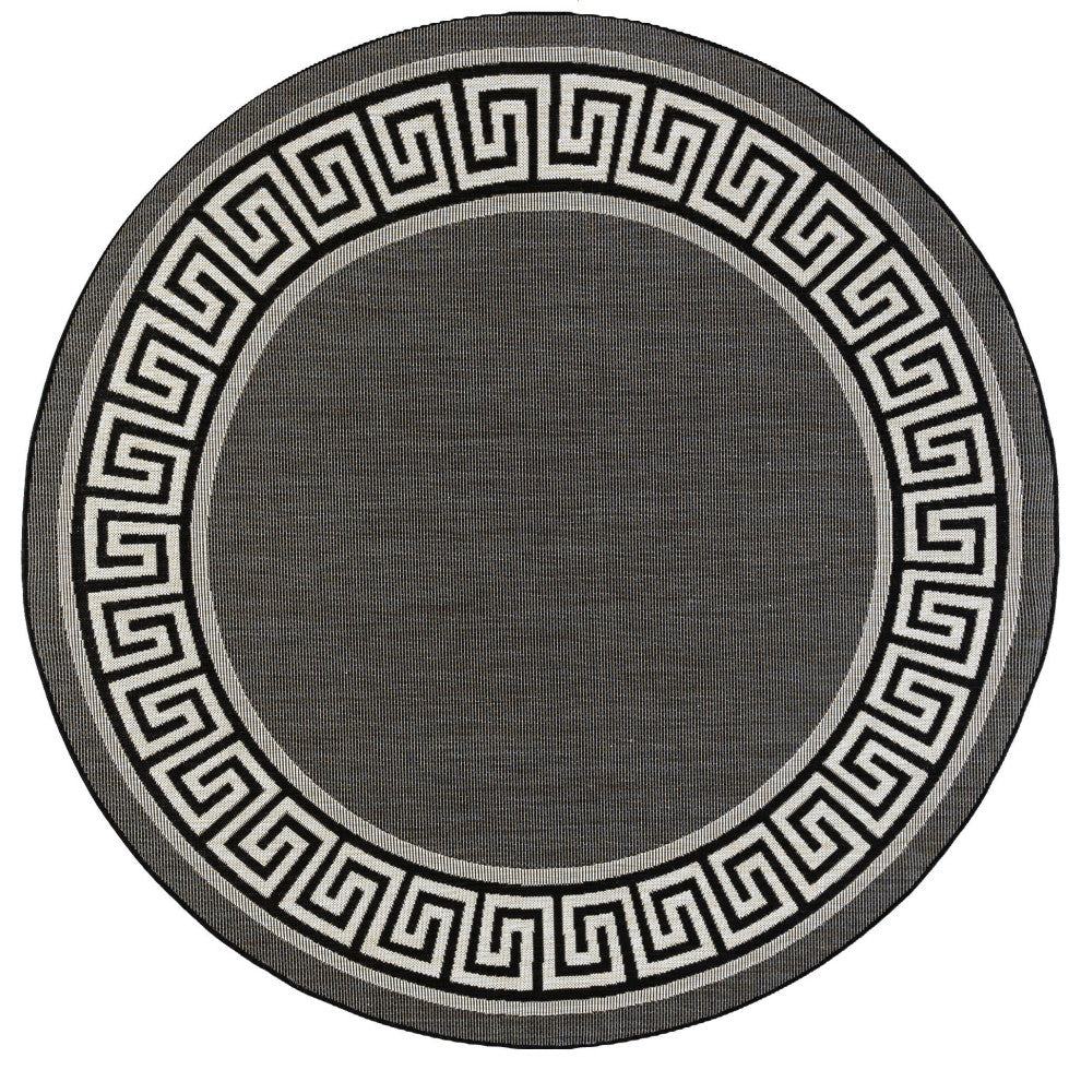 Giovanna Transitional Greek Key Black/Cream Round Indoor/Outdoor Area Rug, 5'