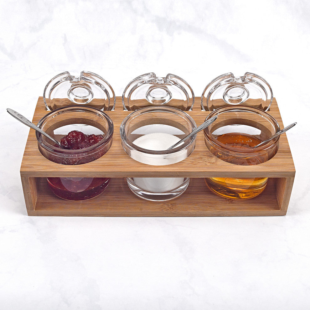 Glass Jam Set With 3 Glass Jars And Spoons On A Wood Stand