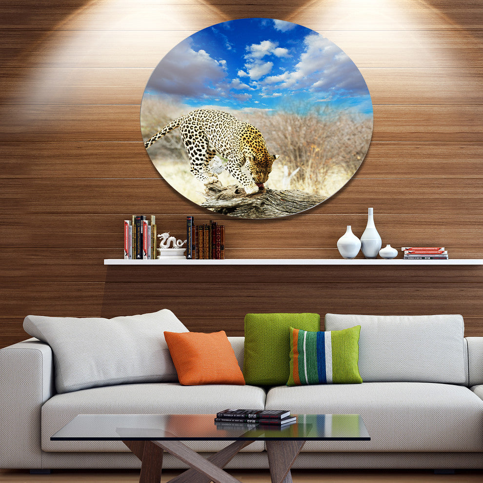 Leopard Feeding On Tree Trunk, African Round Wall Art, 11"