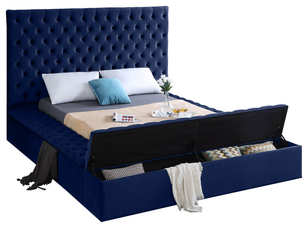 Bliss Velvet Upholstered  Bed, Navy, Full