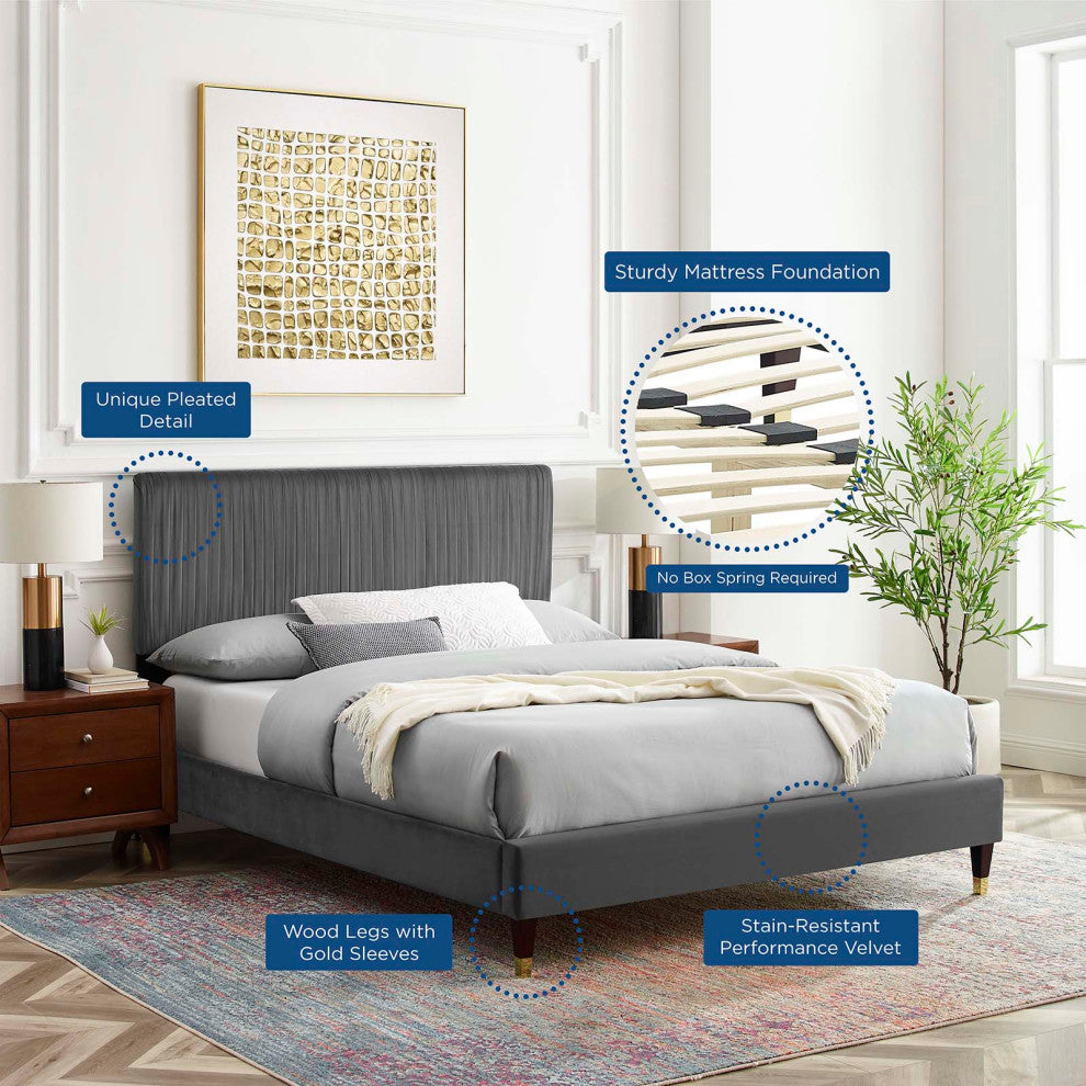 Platform Bed Frame, Twin Size, Velvet, Dark Grey Gray, Modern Contemporary