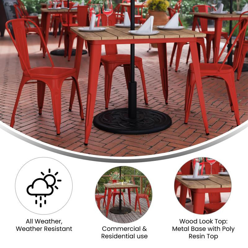 Declan Commercial Indoor/Outdoor Dining Table with Umbrella Hole, 36" Square, Brown/Red