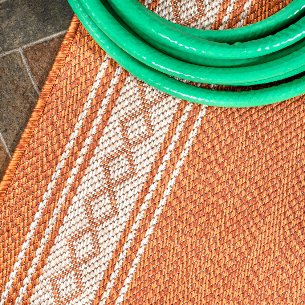 Lucia Classic Diamond Border Indoor/Outdoor Area Rug, Orange/Cream, 2x8