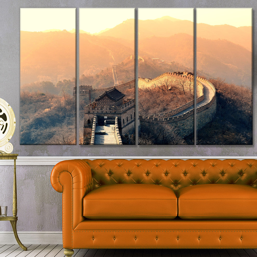 China Great Wall Morning, Landscape Canvas Art Print, 48"x28", 4 Panels