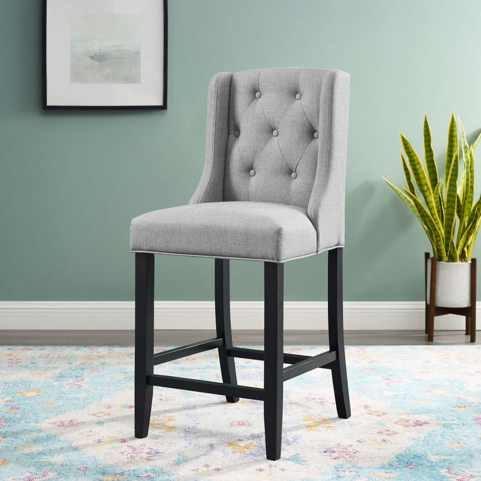 Tufted Counter Stool Chair, Fabric, Wood, Gray, Modern, Bar Pub Cafe Bistro