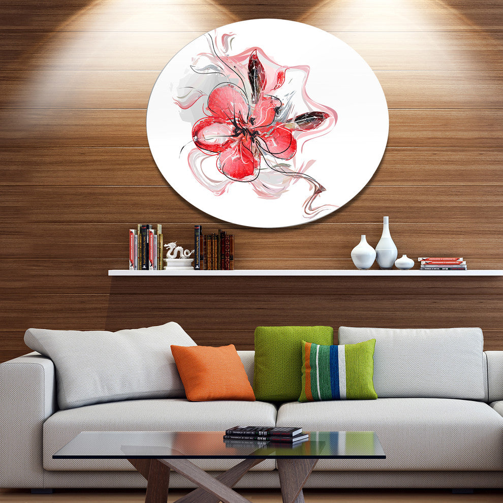 Red Floral Watercolor Sketch, Animal Round Metal Wall Art, 23"