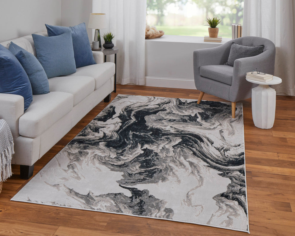Orin Modern Abstract, Ivory/Black/Taupe, 5'x8' Area Rug