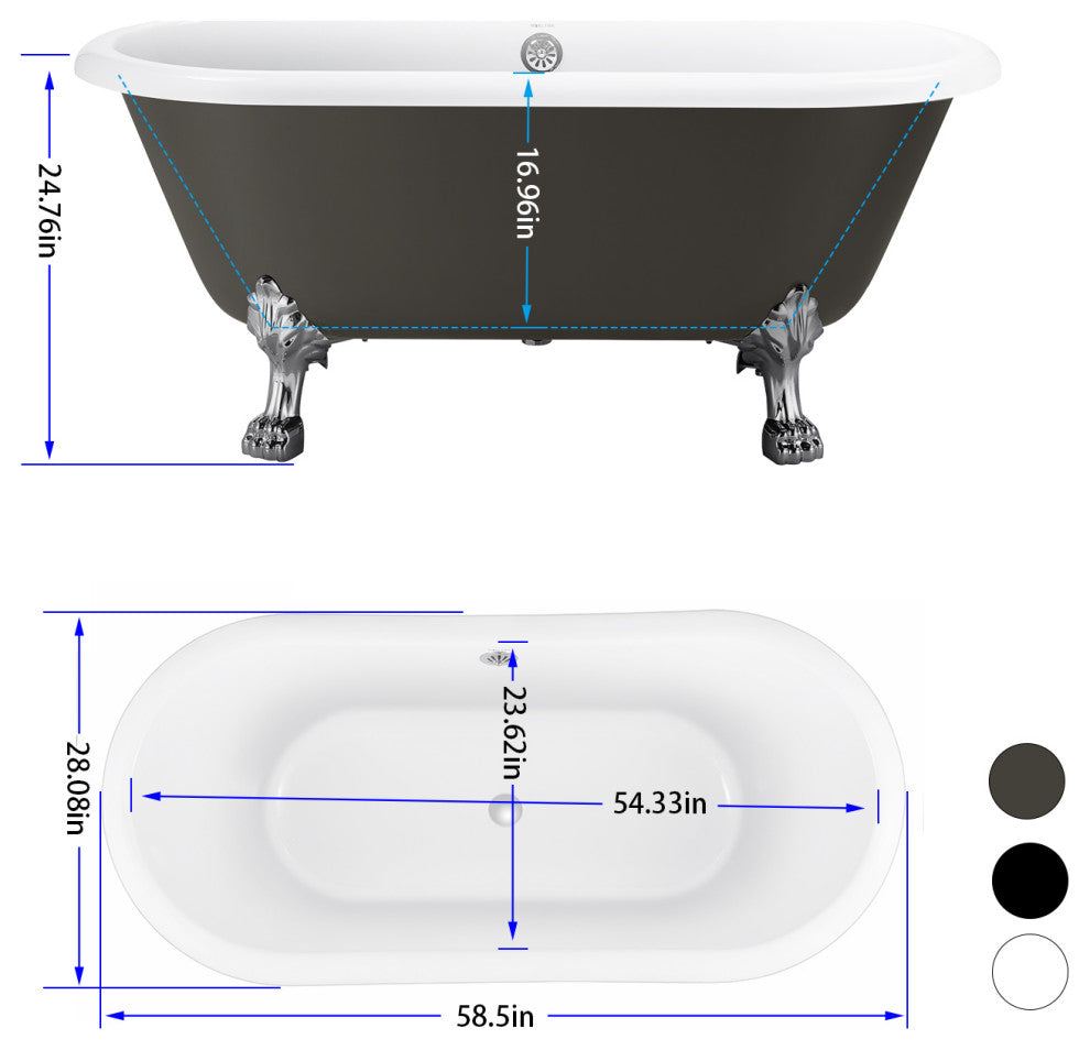 59" Acrylic Roll-Top Clawfoot Non-Whirlpool Bathtub, Gray