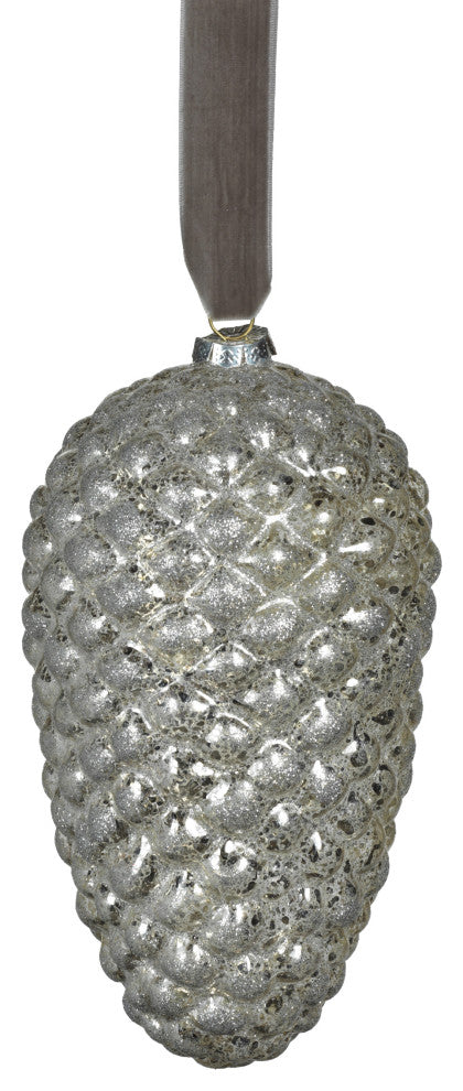 Alamo 9.5" Long Glass Pine Cone Hanging Ornaments, Set of 4, Silver