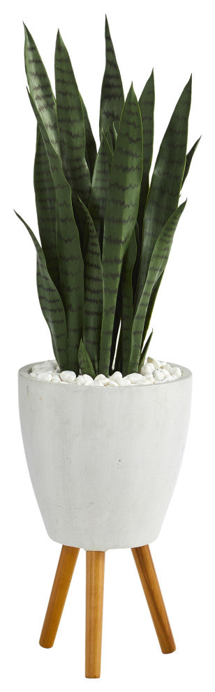 4' Sansevieria Artificial Plant, White Planter With Stand