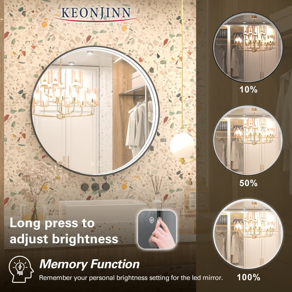 Metal Framed Round LED Vanity Mirror Anti-Fog Wall Mount Makeup Mirror, 28"