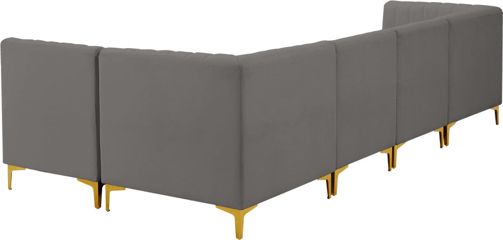 Alina Velvet Modular L-Shaped Modular Sectional, Grey, 5-Piece: 3 Armless Chair, 2 Corner Chair