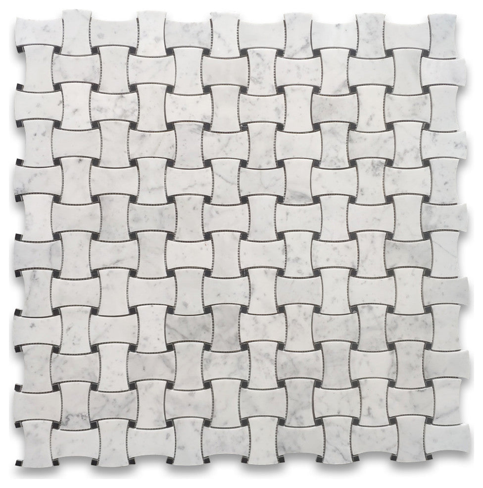 Carrara White Black Marble Dogbone Wicker Weave Mosaic Tile Honed, 1 sheet