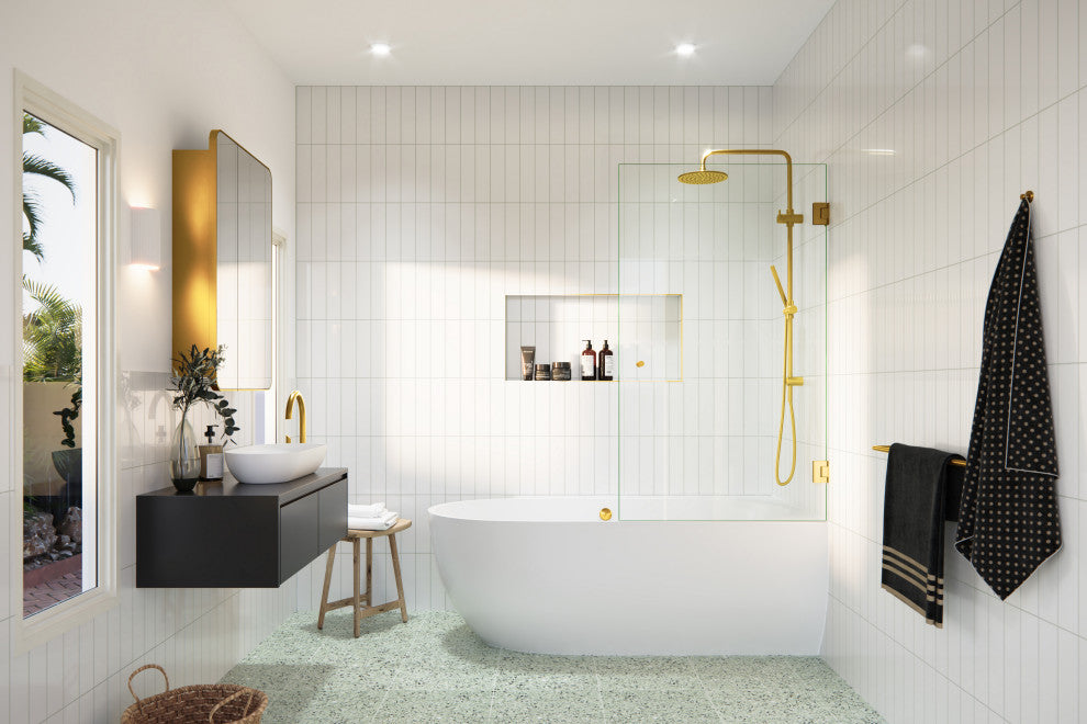 Glass Warehouse 58.25"x31.25" Frameless Shower Bath Door, Door Only, Satin Brass