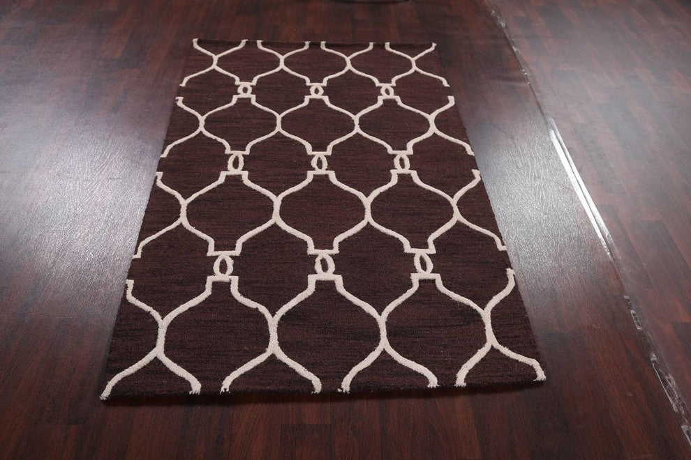 Hand-Tufted Dark Brown Trellis Oriental Wool Area Rug, 4x6''