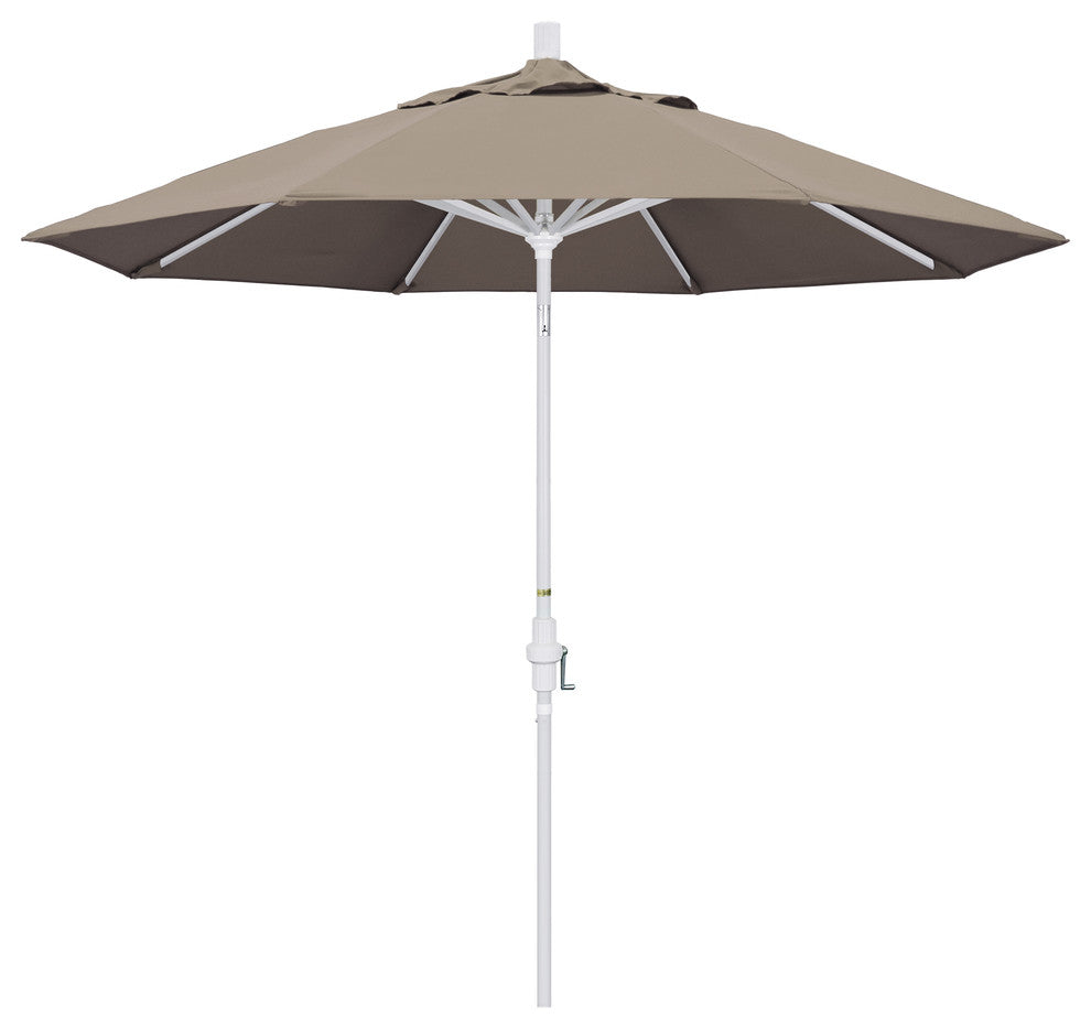 9' Matted White Collar Tilt Crank Lift Aluminum Umbrella, Sunbrella, Taupe