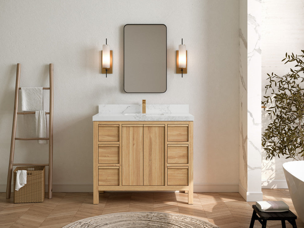 Elizabeth 42 Single Sink Bath Vanity in Light Natural Teak 2" Calacatta Nuvo